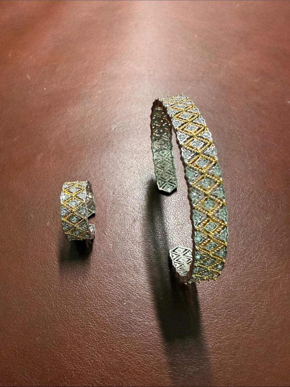 Two-Tone Silver and Gold Patterned Cuff Bracelet and Ring Set